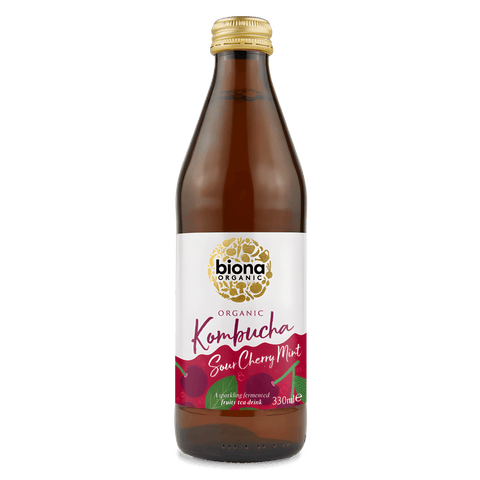 Biona Sour Cherry Mint Organic Kombucha is available at Organic Soda Pops