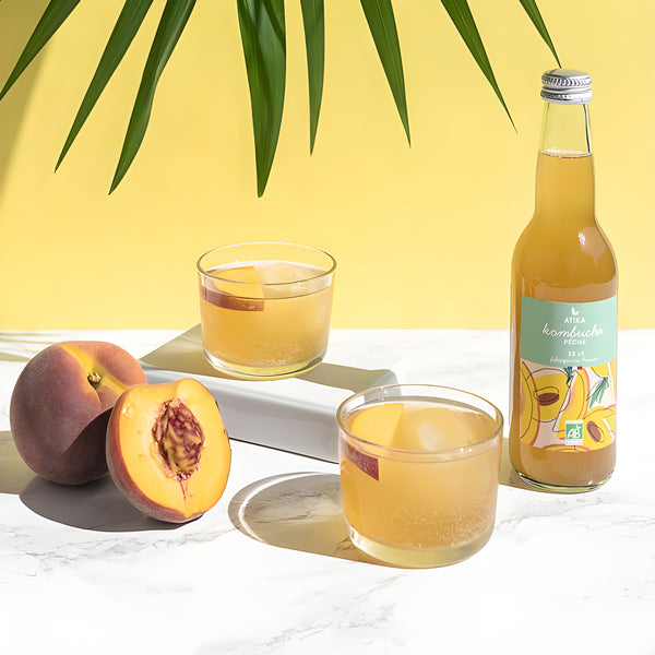 Atika Peach Organic Kombucha is available at Organic Soda Pops