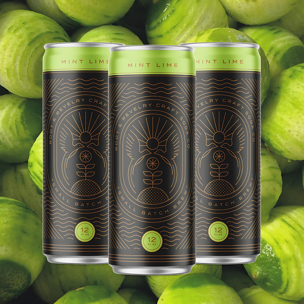 Root & Revelry Mint Lime craft soda with crisp lime and cooling mint flavors in a refreshing sparkling beverage