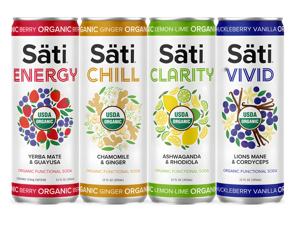 Four Säti Energy drink cans in different flavors on a white background