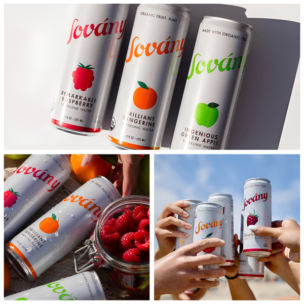 Premium Sovány Organic Sparkling Fruit Water cans displayed with fresh fruit 