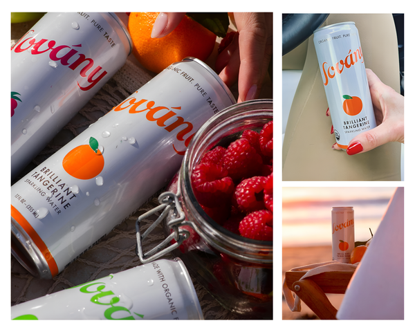 Colorful cans of Sovány Organic Sparkling Fruit Water made with organic fruit essence and sparkling water